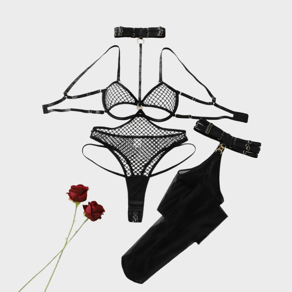 Fishnet Stocking Women - Ensemble de lingerie en résille noire